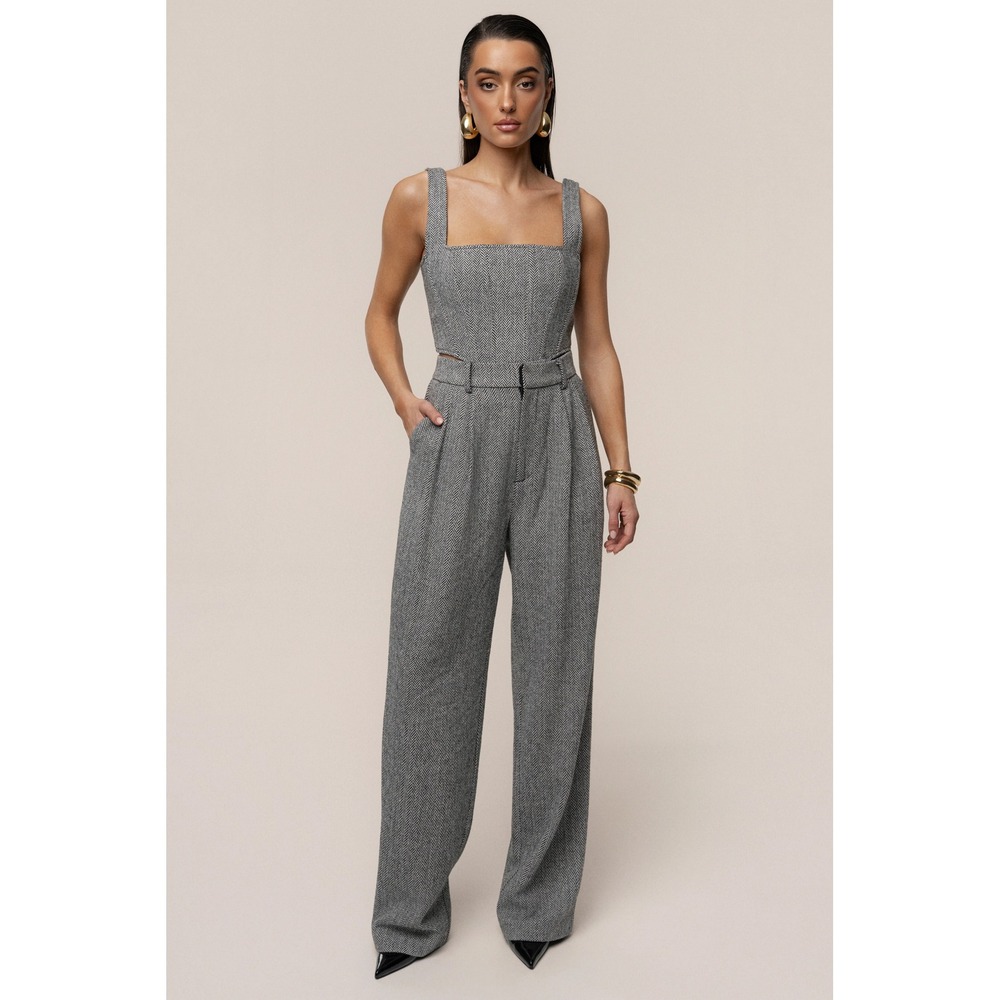 JLUXLABEL Grey Herringbone Wide Leg Pleated High Waist‎ Trousers Pants LARGE NEW